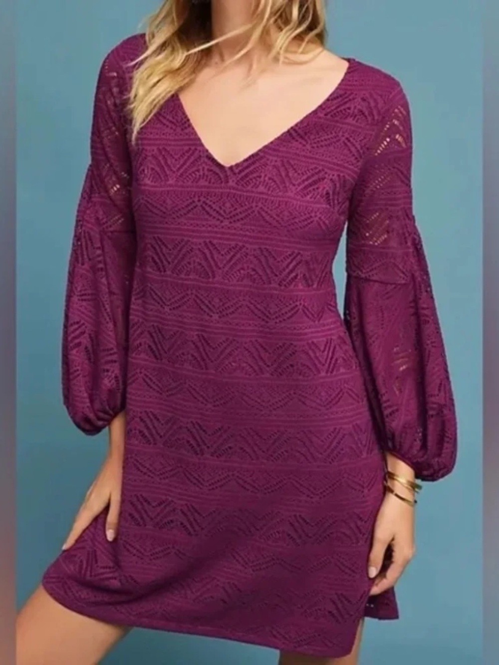 Anthropologie Maeve Laila Dress Eyelet Lace Balloon Sleeves Purple Size XSP
